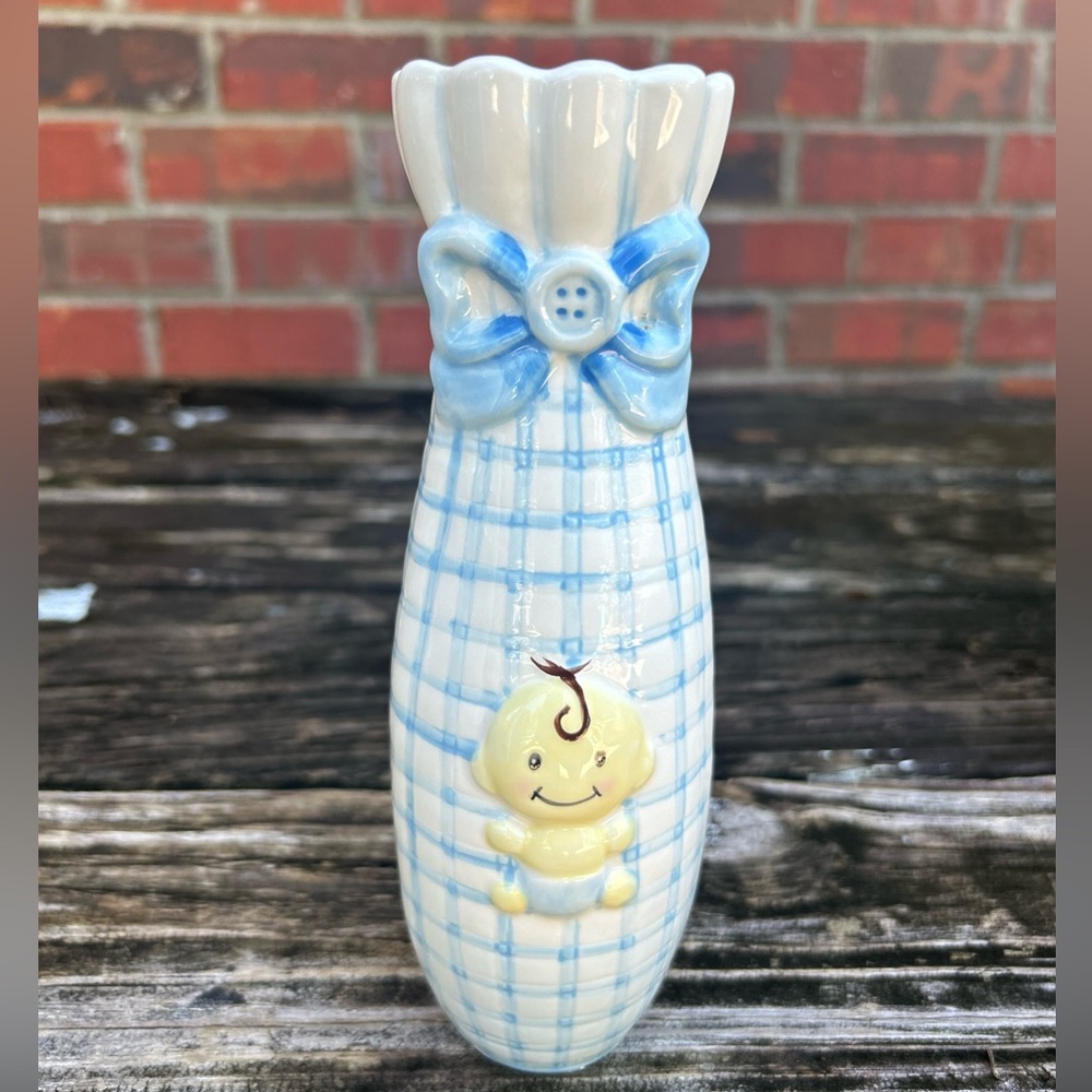 2006 Burton & Burton Ceramic Blue White Plaid Baby Boy Themed 8” Tall Vase C6